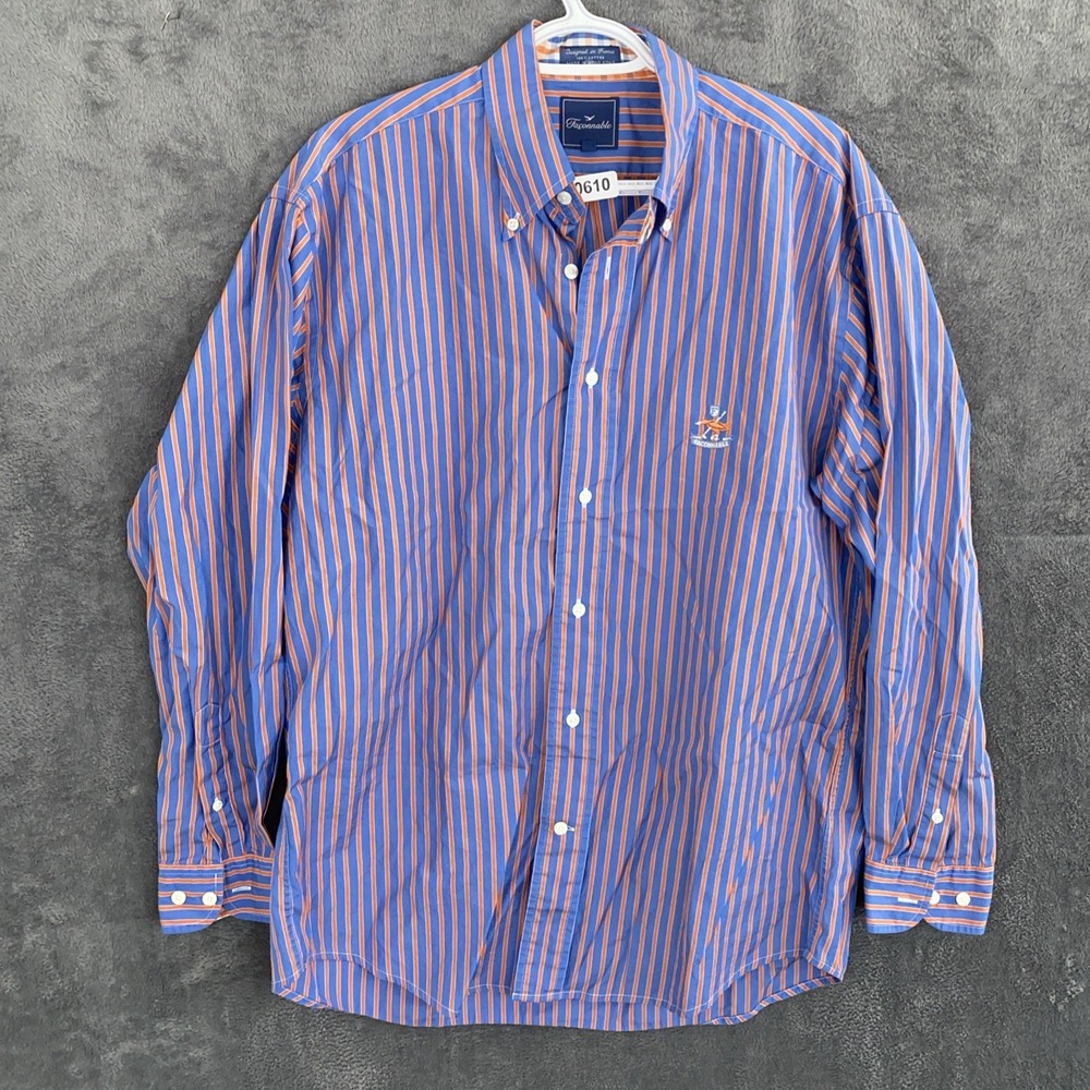 faconnable men shirt medium Blue And Orange Stripe Preppy Embroidered Logo